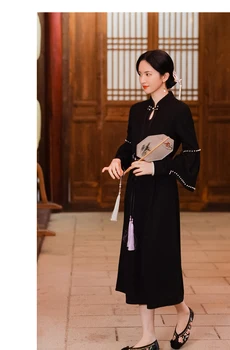 Retro Naujas Kinų Stiliaus Stovėti Apykaklės Nacionalinės Stiliaus Vilnos Varpas Rankovėmis Hanfu Pagerėjo Ilga Suknelė Moterims, kurių Juosmens Antspaudas