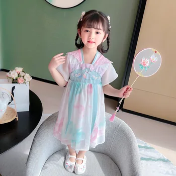 Mergaičių Hanfu Vaikų Vasaros Trumpas Rankovėmis Kinų Stiliaus Suknelė Senovės Siuvinėjimo Vaikų Super Nemirtingas Veiklos Aprengti