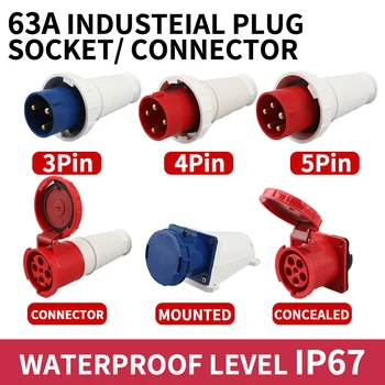 Atsparus vandeniui Pramonės Plug3/4 /5 Pin apsauga nuo dulkių lizdas IP67 Vyrų ir Moterų 63A Montuojamas pramonės lizdas 380V 415V