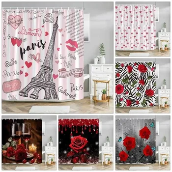 Paryžiaus Eifelio Bokštas Rožinė Dušo Užuolaidos Valentino Dieną Gėlės ir Drugeliai Poliesterio, galima Skalbti Dušo Užuolaidos Vonios kambarys Dekoro