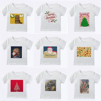 Naujas Baltos spalvos Spausdinta Vaikų marškinėliai Mergaitės Berniukai T Shirts šiaurės Elnių Kalėdų Eglutė Dovanų Šunys Mielas marškinėliai Kalėdų Dovana Nuotrauka 0