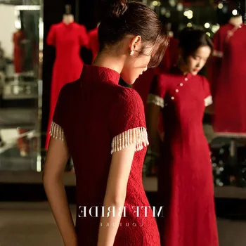 Plus Size Kinijos Tradicinės Seksualus Cheongsam Taurę Suknelė Nuotaka Šiuolaikinės Rudens Retro Red Vestuvės Vestuvinis Vakarinę Suknelę Qipao Nuotrauka 0