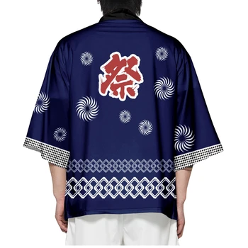 Vasara Samurai Tradicinių Blue Print Kimono Japonų Anime Drabužius Cardigan Cosplay Vyrai Moterys Yukata Marškinėliai Palaidinė