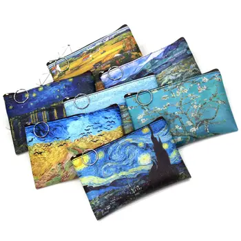 Derliaus Aliejaus Tapybos Drobės Kosmetikos Krepšys Van Gogho Meno Saulėgrąžų Star Mėnulis Naktį Makiažas Maišelis Maišas Kelionės Monetų Piniginė Piniginės Moterims