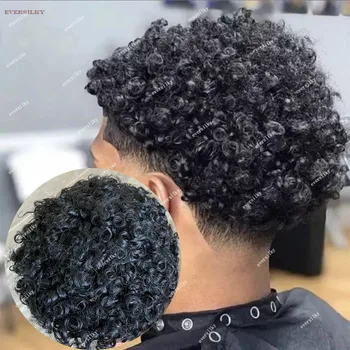 15MM Garbanotas Mens Perukas Patvarus Plonos Odos Toupee Afrikos Amerikos Žmogaus Plaukų Microskin Visą Poli PU Afro Banga Kapiliarų Protezas Nuotrauka 0