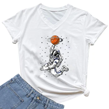 Krepšinio Astronautas Print T Shirt High Street Tees Juokinga Ulzzang T Shirts Y2k Viršūnes Tee Vasarą V-kaklo, Drabužiai Moterims Camisetas