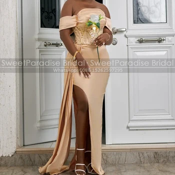 Aukso Blizgučiai Pusės Split Bridesmaid Dresses Ilgai Undinė Streamer Off Peties Plius Dydis Moterų Apvalkalą Vestuves Oficialų Suknelė