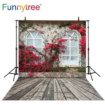 Funnytree fotografijos foną, raudona gėlė, medinių langų pavasario sodo fone foto studija photocall photophone photozone dekoras Nuotrauka 0