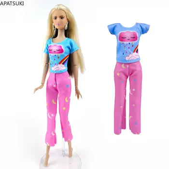 Rožinė Mėlyna Mados Drabužių Rinkinys Barbie Lėlės, Komplektai, 1/6 Lėlės Priedai T-shirt Viršuje Kelnės Kelnės Žaislai Vaikams