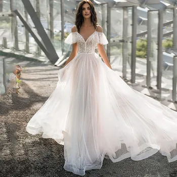 Vestuvinė Suknelė 2023 Seksualus Iliuzija Užsakymą Vestido De Noiva Bžūp Rankovėmis Ir V-Kaklo-Line Per Užtrauktuką Mygtuką Atgal Nuotakos Suknelė