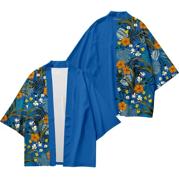 Vyriški Japonų Kimono Tradicinių Tropinių Augalų Juostele Spausdinti Atsitiktinis Palaidų Plona Striukė Azijos Kimono Megztinis 9