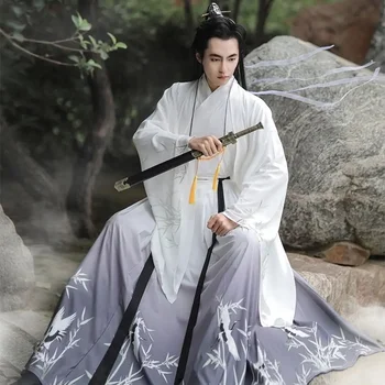 VANDENS Hanfu vyriški Rytų Kinijos Stiliaus Suknelės Senovės Kostiumas Juosmens Ilgis Jin Wei Wuxia Stiliaus Han Fu Komplektas Baltos spalvos