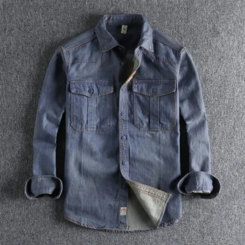 Darbo drabužių didelę kišenę Vintage plauti senas ilgas rankovėmis vyriški palaidi tinka rudenį ir žiemą kasdien universalus jaunimo marškinėliai