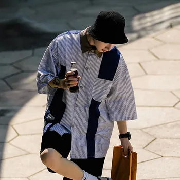 2023 Vasaros Japonų Stiliaus Vyrų Marškinėliai Street Dryžuotas Trumpomis Rankovėmis Kratinys Mados, Naujo Dizaino Minkšta Kišenės Nuotrauka 0