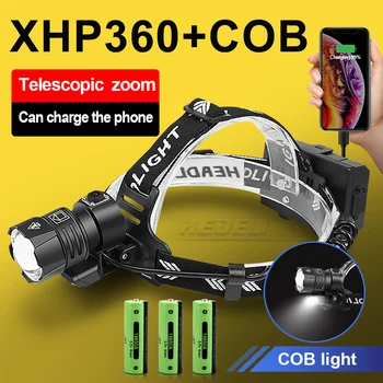 XHP360 COB LED Žibintai Galingas priekinis žibintas Žibintuvėlis 18650 USB Įkrovimo XHP199 Žibintas Zoom Vandeniui Žibintas Žibintai