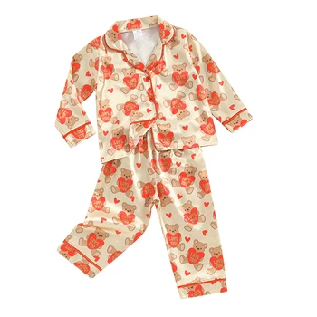 Bamblys Merginos Valentino Dieną Pižama Rinkiniai Ilgomis Rankovėmis Atvartas Mygtuką Iki Marškinėliai Lokys Spausdinti Kelnės Vaikams Sleepwear Komplektai Nuotrauka 0
