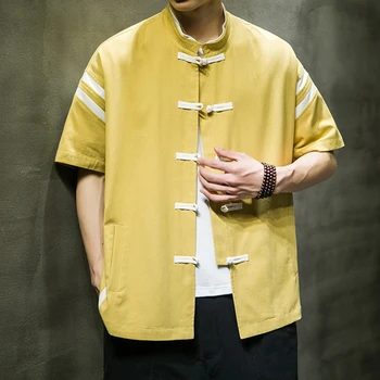 Kinų Stiliaus vyriški Vasaros Sujungimas Hanfu Cardigan Didelio Dydžio vyriški Laisvalaikio Marškinėliai Tradicinių Drabužių Mygtuką trumparankoviai Viršų Nuotrauka 0