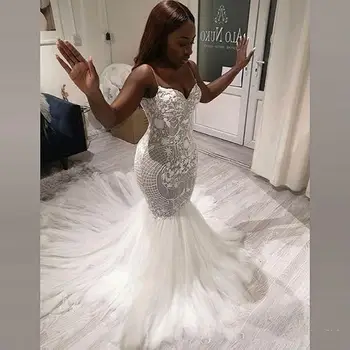 2021 Šiuolaikinės Pietų Afrikos Undinė Vestuvių Suknelė Vestuvių Suknelė Spagečiai Dirželiai Nėrinių Modelio Tiulio Ilgai Vestido de noiva