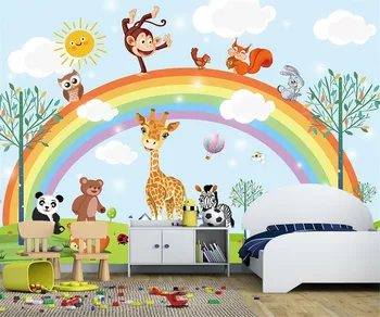 Pasirinktinis dydis paramos lipnios 3d tapetai, freskos animacinių filmų miško gyvūnų vaivorykštės vaikų kambario fone de papel parede