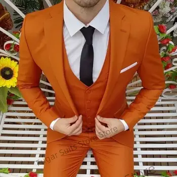 Gražus Oranžinis Vestuvių Kostiumai Vyrų Slim Fit Įpjovomis Atvartas Jaunikis Oficialų Tuxedos 3Pieces Rinkiniai Mados Vyras Švarkas Kostiumas Homme