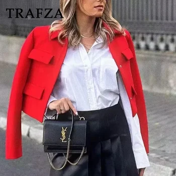 TRAFZA 2023 Rudens Žiemos Prašmatnus Raudonas Moterų Office Lady Kostiumai Vieną Krūtinėmis Trumpas Sportiniai švarkai (bleizeriai)+Užtrauktuku Didelis Juosmens Kelnes Elegantiškas Komplektai Nuotrauka 0