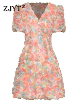 ZJYT Prabangus Elegantiškas 3D Gėlių Mini Šaliai, Suknelės Moterims 2023 Vasarą Dizaineris Saldus Gazas Vakaro Suknelė trumpomis Rankovėmis Vestidos Nuotrauka 0