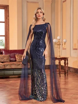 Prabanga ilgomis Rankovėmis Blizgančiais Blue Undinė Vestuvių Svečių Vakare Kokteilių Keltas Suknelės Nuotaka ypatinga Proga