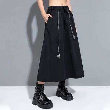Tamsiai juodos spalvos etninio stiliaus nėrinių sijonas atsitiktinis palaidų-line ilgas sijonas MZ7075079 Nuotrauka 0