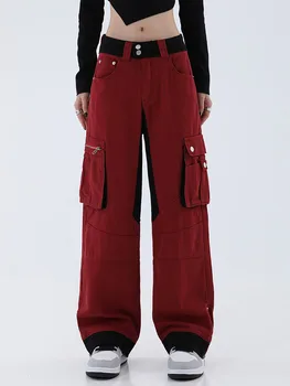 Raudona Krovinių Kelnės Kišenės Moterų Baggy Kelnės 2022 M. Rudenį Streetwear Fairycore Negabaritinių Kelnes Derliaus Atsitiktinis Mados Sweatpants Nuotrauka 0