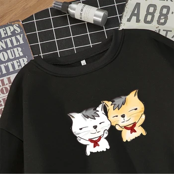 Korėjos Streetwear Negabaritinių Hoodie Moterų Ullzang Funny Cat Animacinių filmų Grafika Palaidinukė Harajuku ilgomis rankovėmis Atsitiktinis Megztinis Nuotrauka 0
