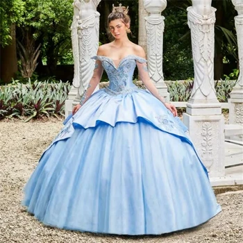 Sky Blue Princess Quinceanera Suknelės Kamuolys Suknelė Ilgomis Rankovėmis Appliques Zawalcowany Saldus 16 Suknelės 15 Años Meksikos