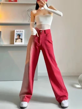 ADAgirl Raudonos spalvos Džinsinis Platus Kojų Kelnės Y2k Streetwear Gradiento Spalvos Aukštos Juosmens Džinsai Moterims korėjos Mados Tiesiai Ilgas Kelnes Naujos Nuotrauka 0