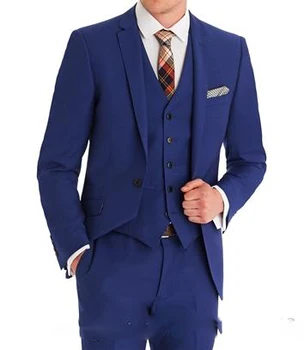 Aukštos Kokybės Groomsmen Žingsniu Atvartas Jaunikis Tuxedos Royal Blue Vyrų Kostiumai, Vestuvių/Prom/Vakarienė Geriausią Vyro Švarkas(Striukė+Kelnės+Kaklaraištis+Liemene)