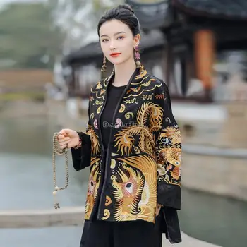 Iki 2023 m. rudenį, pavasarį nacionalinės stiliaus kinijos siuvinėjimo moterų retro ilgomis rankovėmis laisvo stiliaus palaidinė kailis derliaus elegantiškas paltas t001