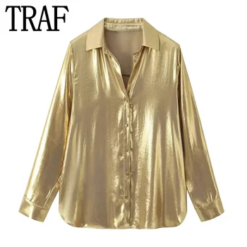 TRAF 2023 Aukso Moterų Marškinėliai Rudenį Long Sleeve Top Moterų Streetwear Mygtuką Iki Marškinėliai Moterims Prarasti Elegantiškas Ir Jaunimo Moteris, Palaidinukės Nuotrauka 0