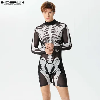 INCERUN 2023 Seksualus Loungewear Rompers Vyrų Stilingas Skeleton Spausdinti Modelio Bodysuits Akies Pusę Aukšto Kaklo, ilgomis Rankovėmis Jumpsuit S-3XL