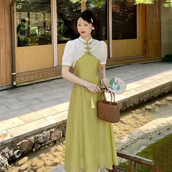 2023 naujas kinų stiliaus suknelė moteriška vasaros mados derliaus kostiumas moterims, elegantiškas pagerėjo cheongsam dizainas, du-figūrų rinkinys g603