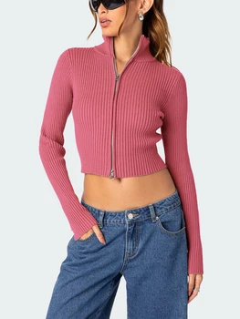 Nauja Mada Moterims Slim Apkarpytos Megztiniai Megztinis Vientisų Spalvų Zip-Up Long Sleeve Puloveriai Pavasarį, Rudenį Stovėti Apykaklės Džemperis Streetwear