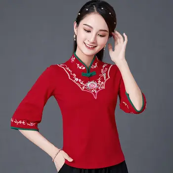 Tradicinės Kinų Apranga Moterims Topai Mados Medvilniniai Siuvinėjimo Hanfu Qipao Marškinėliai Moteriška Slim Etninės Stiliaus Stovėti Apykaklės Palaidinė