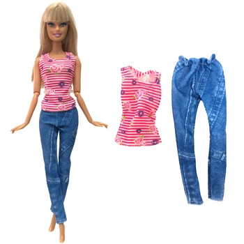 NK 1 Vnt Naujos Lėlės Suknelė Rožinės spalvos Dryžuotas Spausdinti Marškinėliai Mados Atsitiktinis Džinsus Barbie Lėlės Priedai Vaiko Žaislai, Mergaičių Dovana
