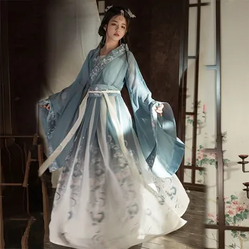 Senovės Tradicinė Kinų Moterų Elegantiškas Hanfu Suknelė Gėlių Siuvinėjimas Etape Liaudies Šokių Kostiumą Lady Retro Weijin Dinastijos Rinkinys