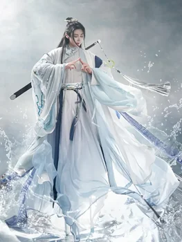 Didelis Dydis 3XL Hanfu Vyrų Kinų Tradicinio Siuvinėjimo Hanfu Vyrų Cosplay Kostiumų Fancy Dress Blue&White Hanfu Rinkinys Vyrams 3XL