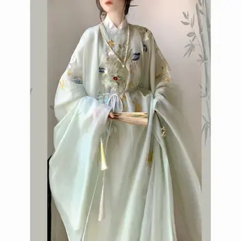 Žalia Hanfu Ming Jin Wei stiliaus vasarą dėvėti plonas didelio masto rankovės siuvinėjimas moterų, pilnas komplektas Kinų stiliaus suknelė hanfu moterims