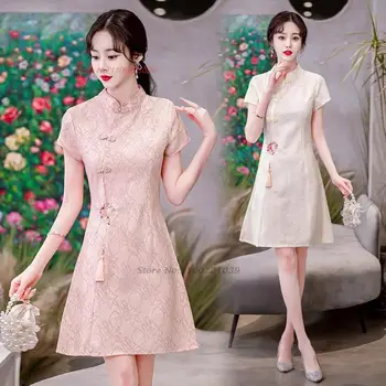 2024 m. kinijos pagerėjo qipao suknelė elegantiškas nėrinių cheongsam nacionalinė gėlė žakardo-line qipao retro pokylių vakarinę suknelę qipao