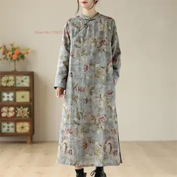 2024 tradicinių vintage suknelė pagerėjo qipao nacionalinės gėlių spausdinti vilnos pamušalu cheongsam suknelė rytų retro liaudies suknelė qipao