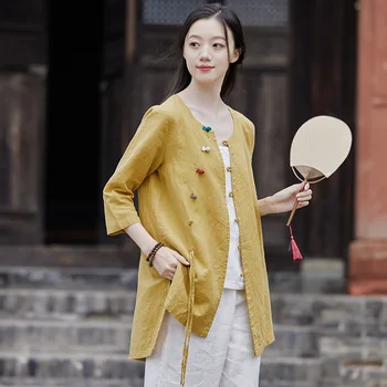 Moterų Kinų Stiliaus Marškinėliai Derliaus Zen Arbatos Tiktų Medvilnės Skalbiniai Stovėti Ilgai, Rankovės Vientisos Spalvos 2023 Rudens Žiemos Naujas Mygtukas Palaidinė