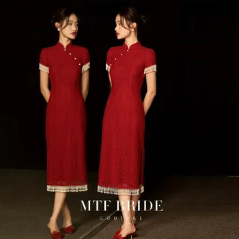 Plus Size Kinijos Tradicinės Seksualus Cheongsam Taurę Suknelė Nuotaka Šiuolaikinės Rudens Retro Red Vestuvės Vestuvinis Vakarinę Suknelę Qipao Nuotrauka 1