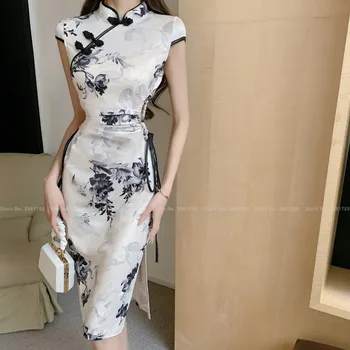 Moterų Elegantiškas Mados Qipao Kinų Stiliaus Spausdinti Slim Cheongsams Korėjos Lady Šalis Suknelės Bodycon Vakarinę Suknelę Derliaus Vestidos Nuotrauka 1