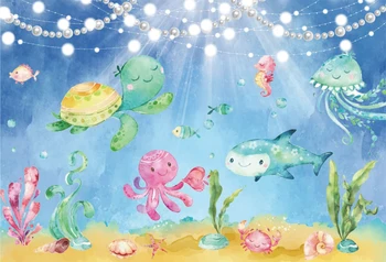 Su Gimtadieniu Povandeninio Pasaulio Animacinių Filmų Žuvų Shell Žvaigždė Kūdikio Šalies Banerio Fonas Blizgučiai Žibintai Fotografijos Fone Nuotrauka 1