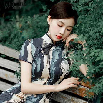 Cheongsam Suknelė Qipao Chinoiserie Stiliaus ImprovedOld Shanghai Long Spausdinti Respublikonų Stiliaus Trumpas Rankovėmis Cheongsam Nuotrauka 1